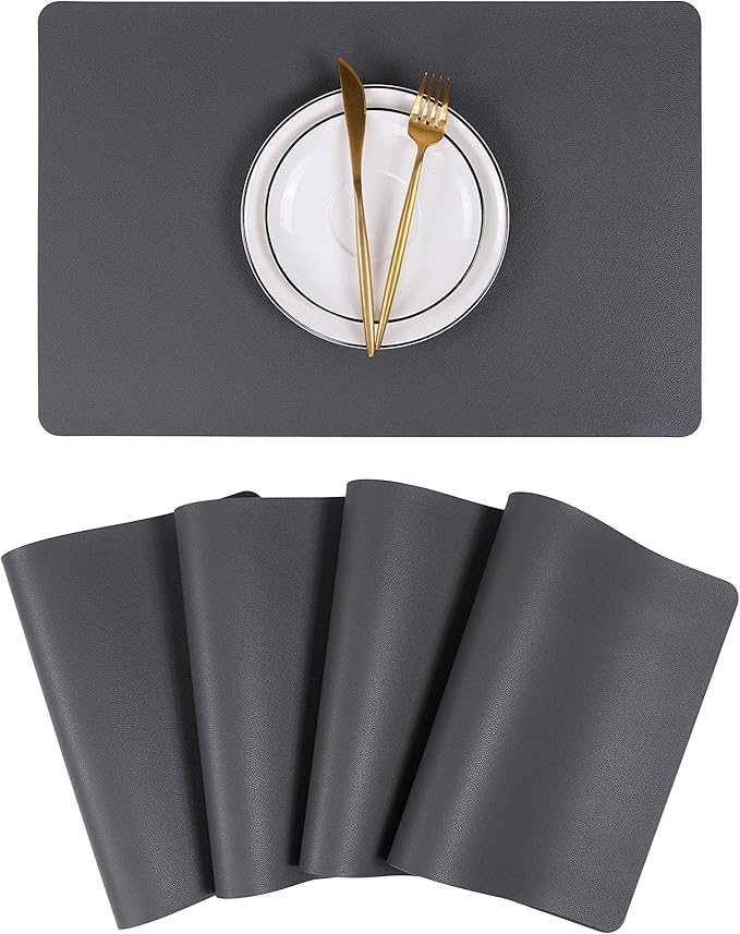 Wipeable Placemats Leather Table Mats Waterproof Heat-Resistant Easy to Clean for Dining Table Set Kitchen Table (4, Grey)