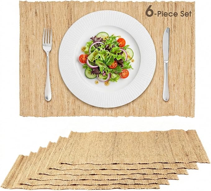 Handmade Ramie Placemats Set of 6, 12"x18" Eco-Friendly Natural Woven Table Mats for Dining Table, Heat-Resistant & Washable Natural Fiber Placemats for Kitchen, Farmhouse, Boho & Home Decor