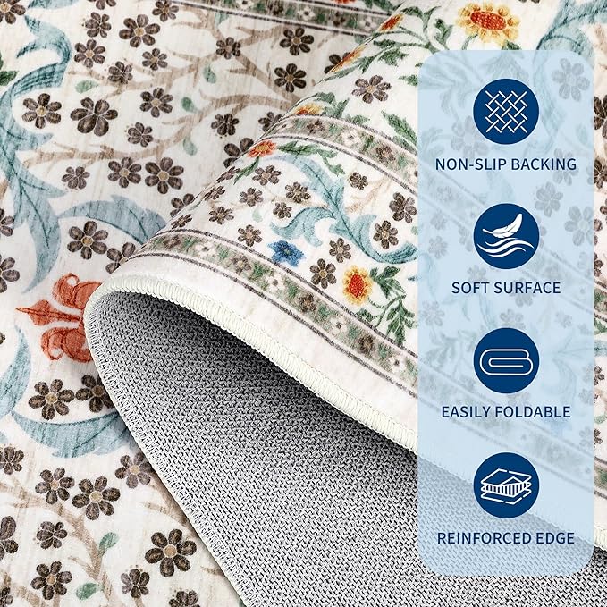 GarveeHome 8x10 Area Rugs, Washable Rugs for Living Room Non Slip Stain Resistant Ultra Soft Floral Rug, Boho Carpet Floor Mat for Bedroom Dining Room Nursery Playroom Office, Beige