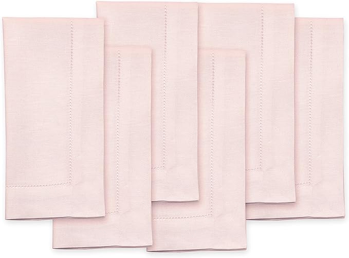 Solino Home Pink Linen Napkins Set of 6-100% Pure Linen Hemstitch Dinner Napkins 20 x 20 Inch for Valentines, Spring, Easter - Classic Hemstitch