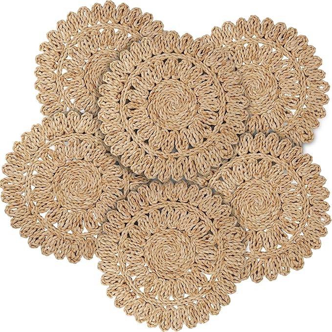 15" Corn Husk Woven Round Placemats Set of 6 - Wicker Boho Farmhouse Placemats - Rattan Table Mats Like Water Hyacinth for Dining Table, Wedding, Home