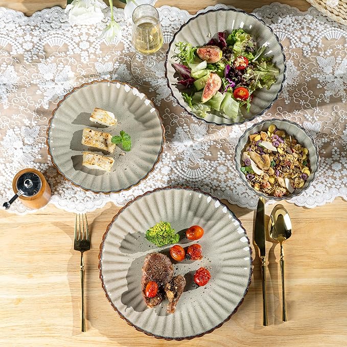 GBHOME Stoneware Dinnerware Sets for 4,Handcrafted Embossed Design Reactive Glaze Ceramic Plates and Bowls, Dishwasher and Microwave Safe, Service for 4(12pcs),Green Wheat