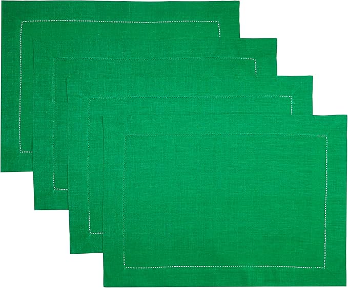 D'Moksha Homes Linen Placemats Set of 4 - Classic Hemstitch Kelly Green Placemats 14 x 19 Inch - 100% Pure Linen Table Mats for St Patricks Day, Easter - Handcrafted and Machine Washable