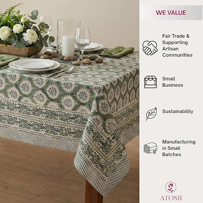 ATOSII Kari Green 100% Cotton Rectangle Fall Tablecloth, Block Print Floral Table Cloth Linen for Dining Parties Outdoors Christmas Thanksgiving Grandmillennial Home Decor 72 X 140 Inches I 12 Seater