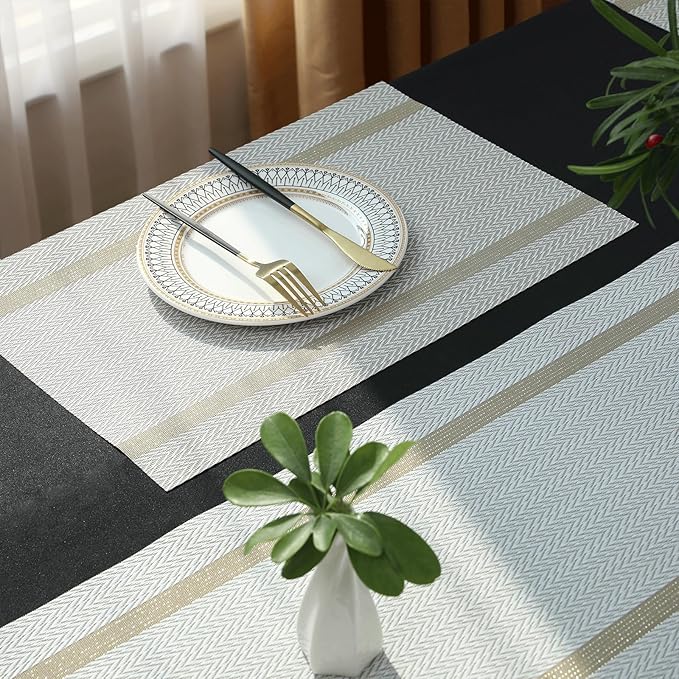 FAVE Placemats Set of 12 White Placemats Woven with Golden Thread Vinyl Place Mats Heat Resistant Table Mats Set of 12 for Wedding, Banquet, Birthday, Party, Restaurant(White, 12"x18"-12PCS)
