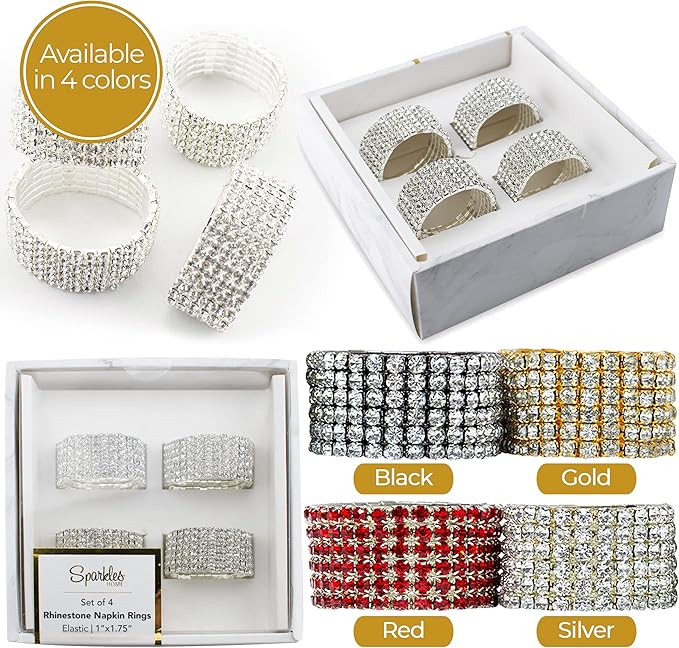 Ashford Napkin Ring, Sparkling Glass Rhinestones, for Cloth Napkins, Elegant Formal Dining Table Setting, Event, Wedding, Gold, 2", Set of 4