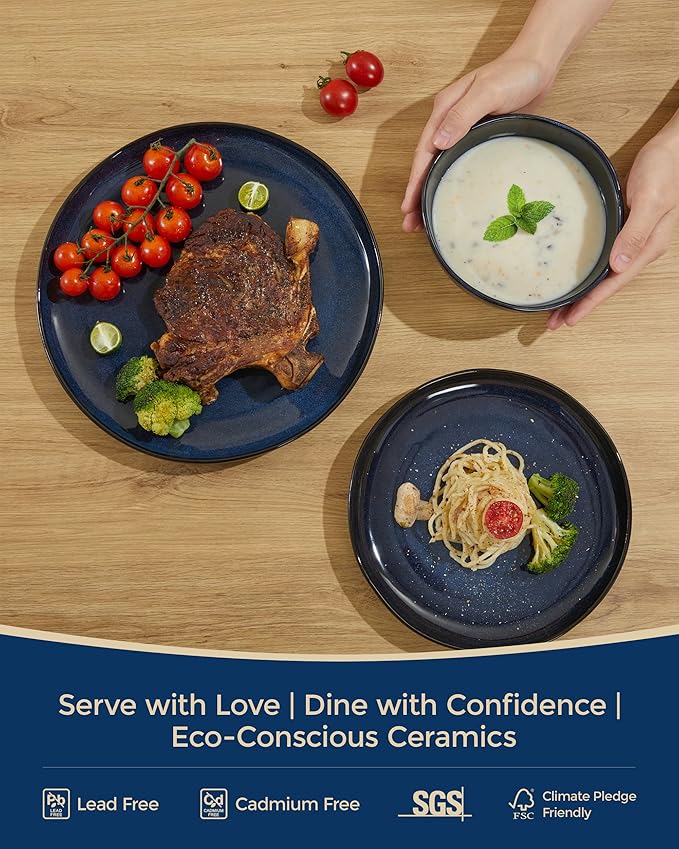 24 Piece Ceramic Dinnerware Sets for 8, Starry Blue Reactive Glaze | Unique Coastal Edge for Holiday Gatherings, Thanksgiving, Dinner Parties | Microwave & Dishwasher Safe Stoneware Dish Set