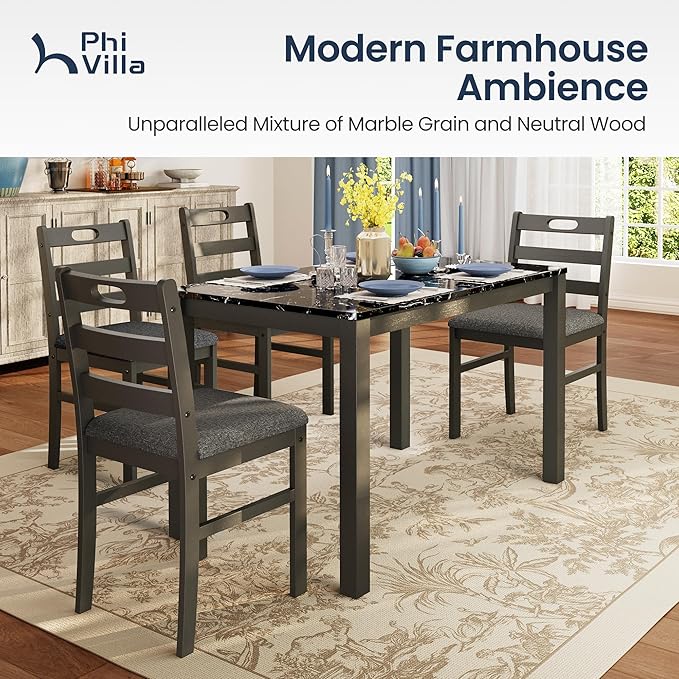 PHI VILLA Solid Wood Dining Table Set for 4, Marble Design Kitchen Table Chairs Set of 4, 5 Piece Space-Saving Dining Room Table Set for Apartment, Emperador Dark Marble& Olive