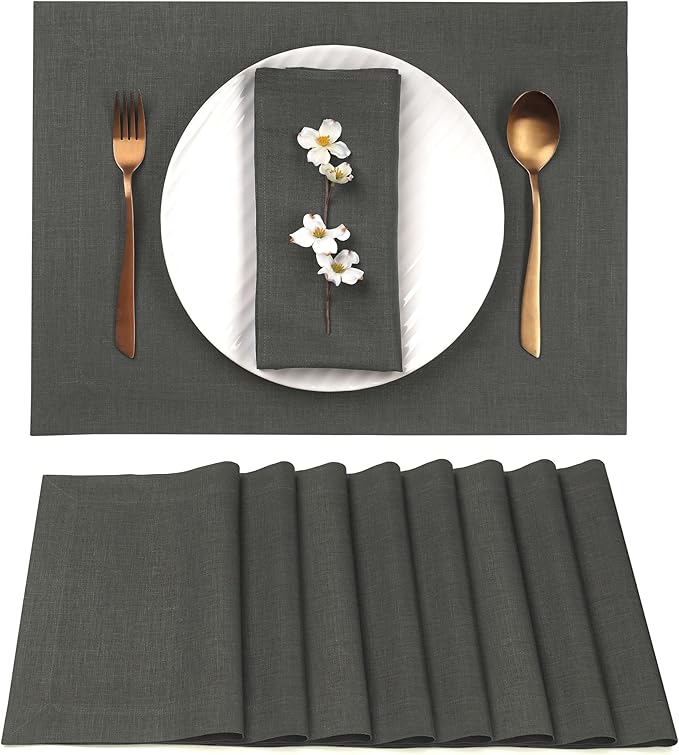 D'Moksha Homes Linen Charcoal Grey Placemats Set of 8-100% Pure Linen Placemats 14 x 19 Inch for Spring, Easter - Handcrafted and Machine Washable