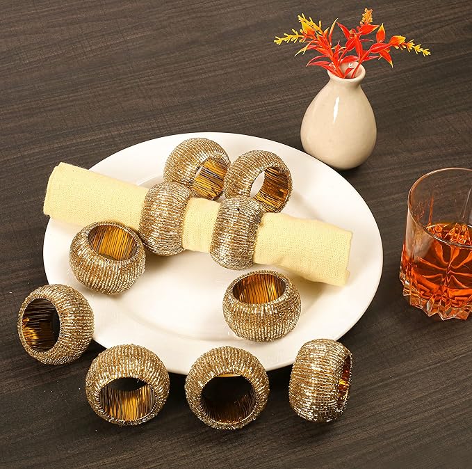 Napkin Ring Gold, Napkin Rings Set of 12, Beaded Napkin Holders, Round Napkin Rings Bulk for Christmas Party Decoration, Dinning Table, Everyday, Family Gatherings - Set Your Table with Style - Gold