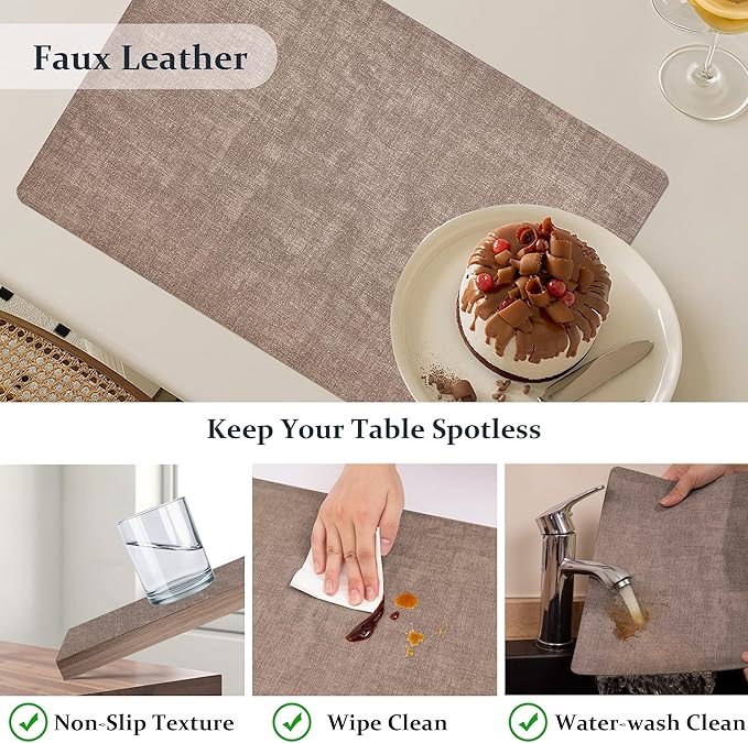 FROMHEART Faux Leather Placemats Set of 8–Waterproof,Heat/Oil Stain-Resistant PU Table Mat–Reversible,Non-Slip,Easy to Clean Place Mats for Kitchen,Dining,Indoor/Outdoor,(Dark Coffee,11.8" x 17")
