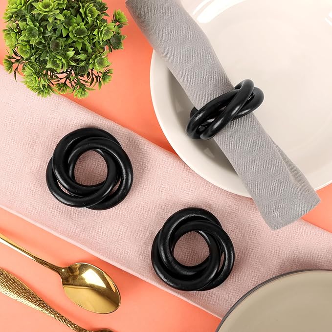 Alpha Living HOM Three Ring Wooden Napkin Rings Set of 12 - Napkin Holder Cuffs for Dinner Table Décor - Rustic Modern Serviette Rings for Weddings, Parties, Receptions, Banquets (Black)