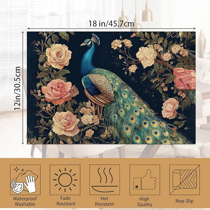 Peacock Placemats Set of 6,Floral Waterproof Non-Slip Washable Table Mats for Kitchen Dining Holiday Party Wedding Decor 12x18 Inch