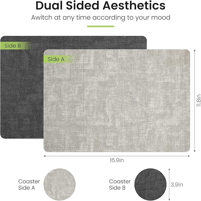 Placemats Set of 4, Faux Leather Heat Resistant Wipeable Placemats, Dual Sided Waterproof Washable Table Mats with Coaster, Suitable for Kitchen, Dining, Table Decor (4, Black Light Gray)