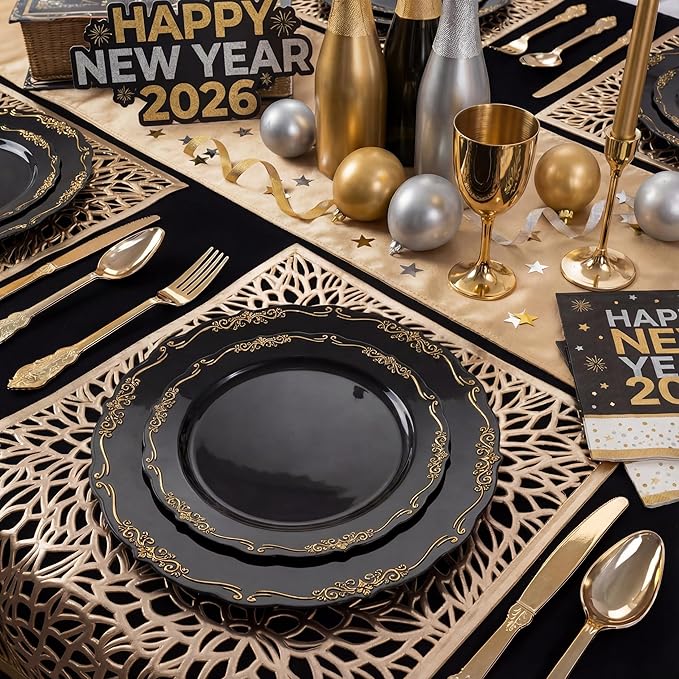DaYammi 60PCS Black and Gold Plastic Plates, Heavy Duty Black and Gold Disposable Plates Premium 7.5 inch Dessert Cake Salad Appetizer Plate Hard Plastic Plate Disposable for Party Wedding