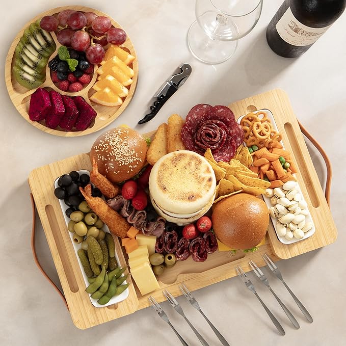 Bamboo Charcuterie Board Gift Set with Magnetic Removable Side Trays and Fruit Tray, Large Serving Platter with Handles, Valentine’s Day Gift for Couples, Housewarming and New Home Gifts