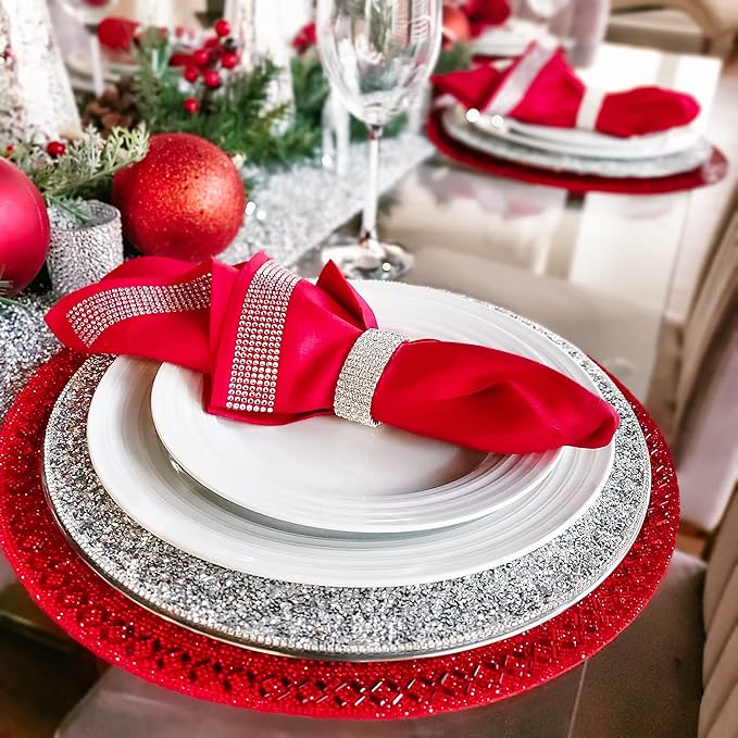 Ashford Napkin Ring, Sparkling Glass Rhinestones, for Cloth Napkins, Elegant Formal Dining Table Setting, Event, Wedding, Silver, 2", Set of 4