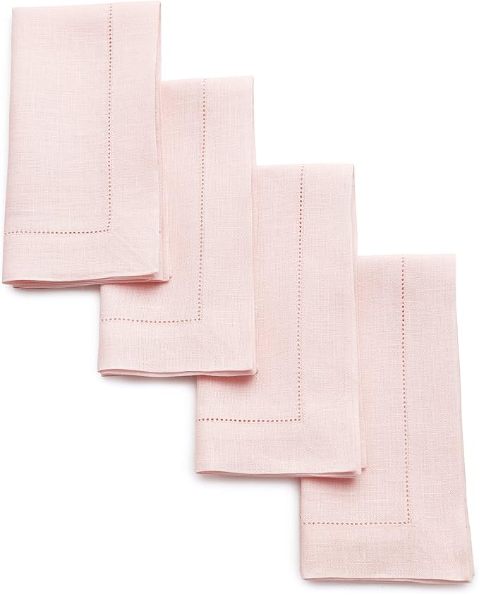 Solino Home Pink Linen Napkins Set of 4-100% Pure Linen Hemstitch Dinner Napkins 20 x 20 Inch for Valentines, Spring, Easter - Classic Hemstitch