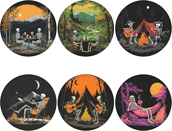 Halloween Skull Coasters Leather Round Drink Coasters 6 Pcs Set with Holderor for Cup Drink Coffee Table Bar Home Decor