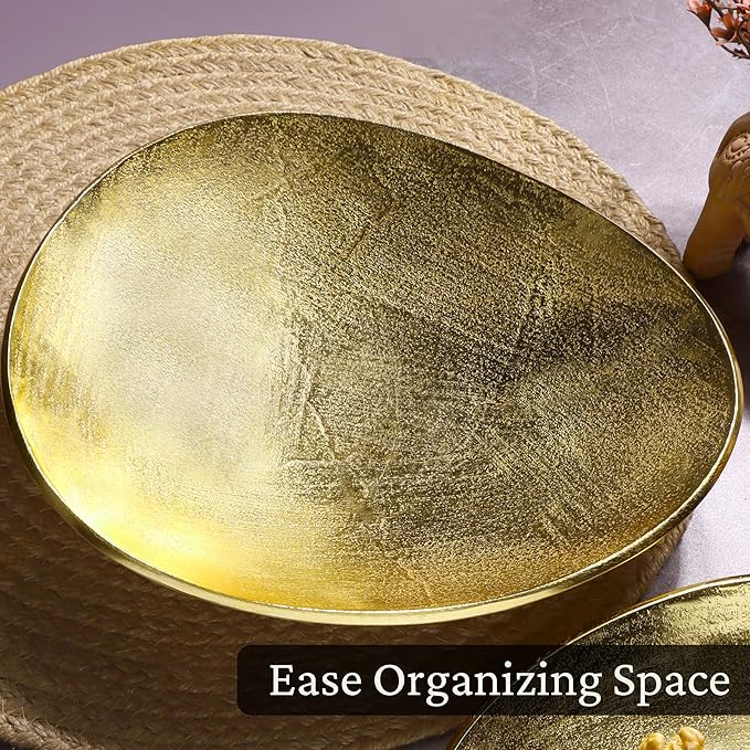 CLEENTABLE Oval Metal Serving Trays | Stylish Vanity Organizer or Catchall Valet Display | Handmade Metal Platter for Vanity Organizer Tray for Camping, BBQ, Party, Buffet, Appetizer (Gold)