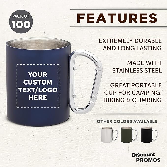 Custom Stainless Steel Mugs with Carabiner Handle 10 oz. Set of 100, Personalized Bulk Pack - Perfect for Coffee, Soda, Other Hot & Cold Beverages - Navy Blue