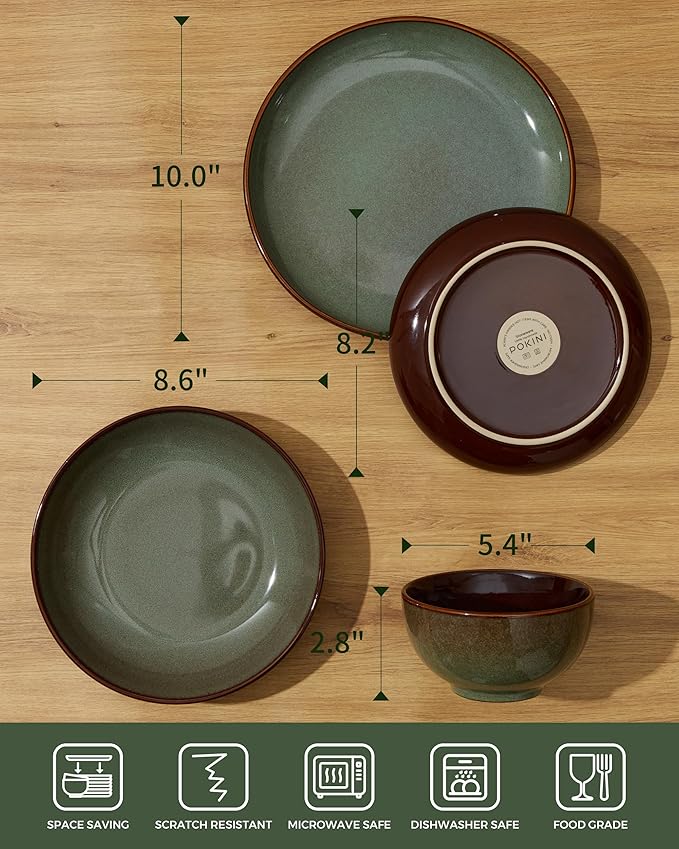 16 Piece Double Bowl Dinnerware Sets with Pasta Bowls, Highly Chip and Crack Resistant Plates and Bowls Sets, Natural Earthyware Ceramic Dishware Sets, Service for 4 Sage Green