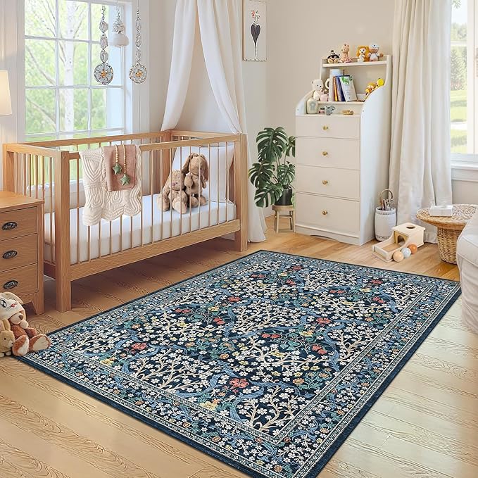 GarveeHome Floral 3x5 Area Rugs for Entryway, Washable Kitchen Rug Non Slip, Low Pile Bedroom Rug, Ultra Soft Stain Resistant Small Carpet for Laundry Room, Dark Blue