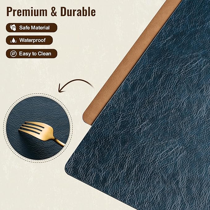 DOLOPL Placemats Set of 6 Reversible Dual-Color Table Placemats – Heat Resistant Wipeable & Washable Place Mats, Luxury Faux Leather Table Mats for Vintage Dining Table Decor (Camel & Navy Blue)