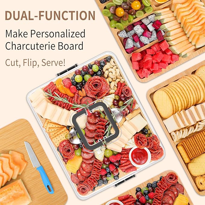 Portable Travel Charcuterie Board with Lid and Handle - Large Bamboo Cheese Board with 4 Cheese Knife Set for Outdoor, Picnics - Weddings, House Warming Gift for Women (6 Compartments, Black)