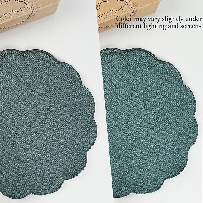 AHHFSMEI Round Faux Linen Placemats Set of 4 Waterproof Table Mats Heat Resistant Non-Slip and Stain Proof for Kitchen Dining Elegant Decor (Forest Green,4)