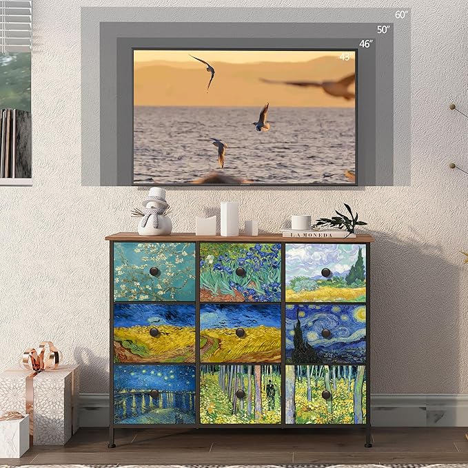 EXOTICA Van Gogh 9 Drawers Dresser Wide TV Stand Colorful Dressers & Chest of Drawers Enterway Furniture for Bedroom Living Room Hallway Closets Steel Frame Wood Top