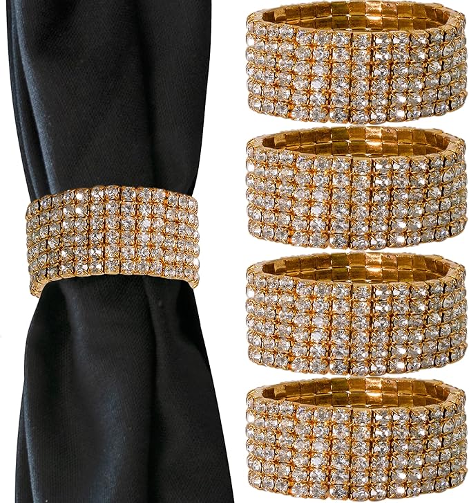 Ashford Napkin Ring, Sparkling Glass Rhinestones, for Cloth Napkins, Elegant Formal Dining Table Setting, Event, Wedding, Gold, 2", Set of 4