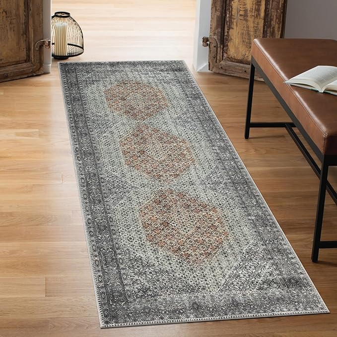Keen Home Design 2x12 Rug - Machine Washable Runner Rug with Non-Slip Backing, Ideal for Hallway, Entryway, Kitchen, Laundry Room - Vintage, Easy Clean, Durable, Low Pile - (2'6" x 12')