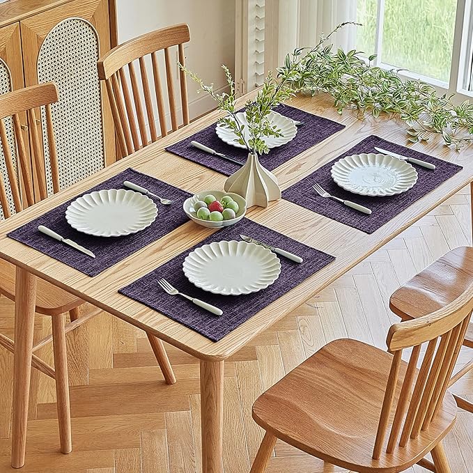 Softalker Faux Linen Placemats Set of 12-12 x 18 Inch, Heat Resistant Double Layered Durable Burlap Farmhouse Place Mats, Non-Slip Washable Rustic Table Mats for Dining, Kitchen, Party（Purple