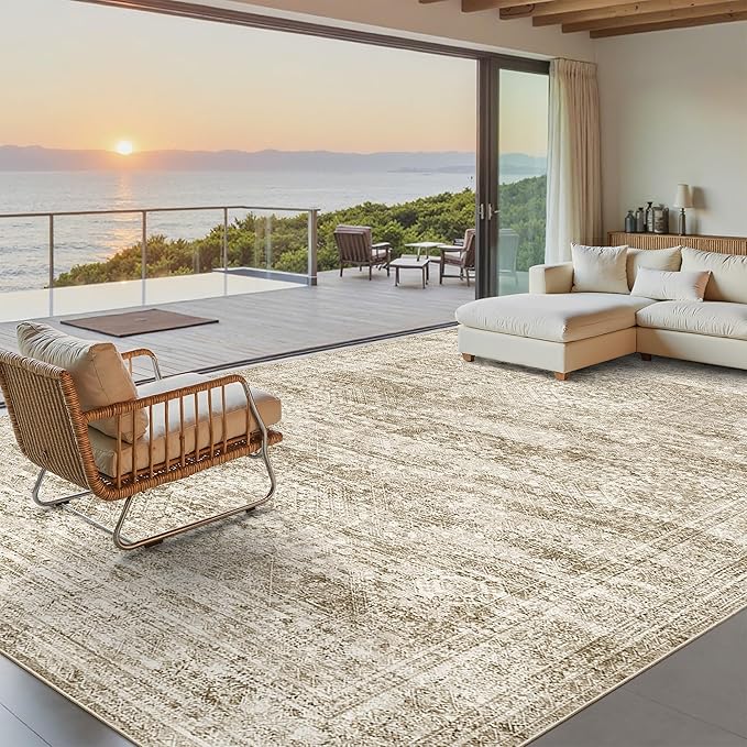 Area Rug 10x12 Vintage Washable Living Room Large Carpet Non Slip Bedroom Indoor Office Dining Room Low Pile Thin Rug Brown