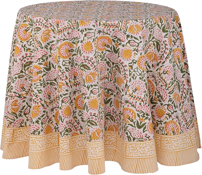 ATOSII Clover Yellow 100% Cotton Round Tablecloth, Handblock Print Floral Table Cloth for Kitchen Dining Linen I Parties, Weddings, Outdoors, Christmas, Thanksgiving I Fall Home Decor 90" Inches Round