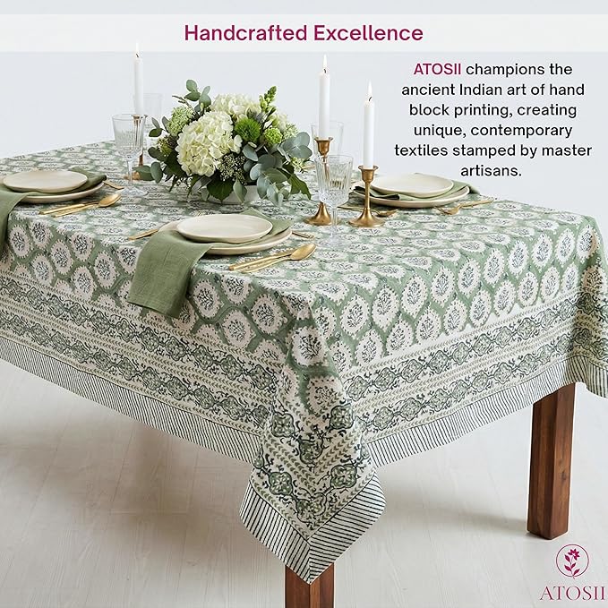 ATOSII Kari Green 100% Cotton Square Boho Summer Tablecloth, Block Print Floral Table Cloth Linen for Dining, Parties, Wedding, Outdoors Home Decor 60 X 60 Inches I 4 Seater I