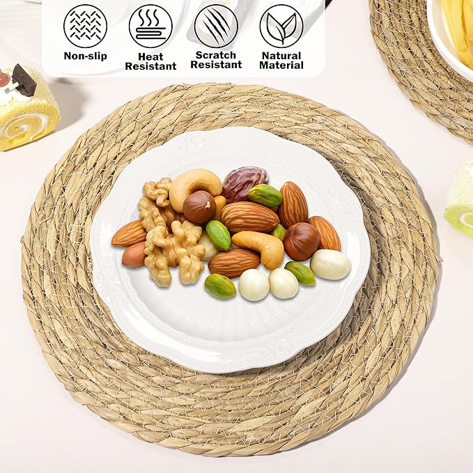 Elcoho 40 Pieces Round Woven Placemats 12 Inch Boho Rattan Placemats Farmhouse Braided Place Mats Woven Plate Chargers Rustic Wicker Table Mats for Dining Table