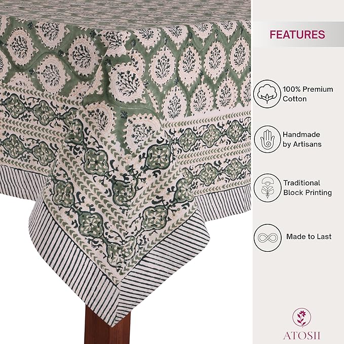 ATOSII Kari Green 100% Cotton Rectangle Fall Tablecloth, Block Print Floral Table Cloth Linen for Dining Parties Outdoors Christmas Thanksgiving Grandmillennial Home Decor 72 X 140 Inches I 12 Seater