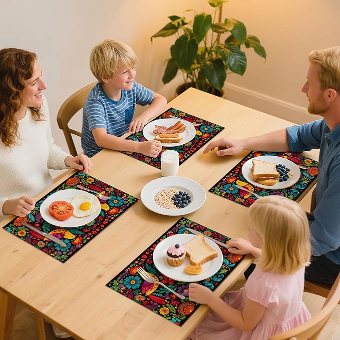 Mexican Placemats Set of 4 Washable Table Place Mats for Dining Kitchen Party Decor