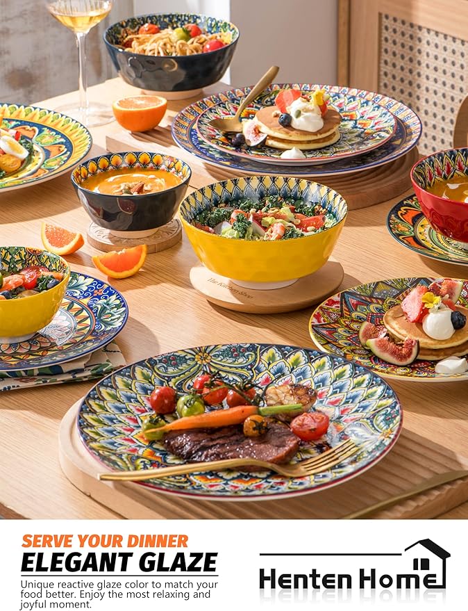 Henten Home Dinner Plates Set of 6, 10.5 Inch Porcelain Plate, Colorful Bohemian Serving Dishes for Kitchen, Pasta, Salad, Decorative, Microwave & Dishwasher Safe
