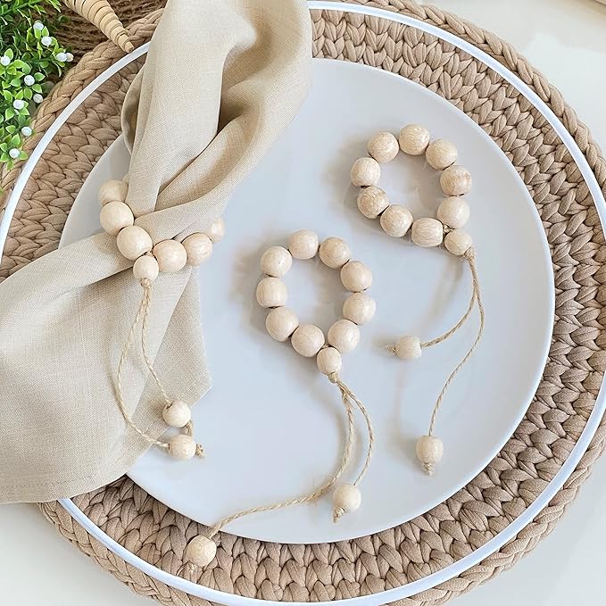 Handmade Napkin Ring with Wood Beads & Jute Twine - Affordable Rustic Wooden Napkin Ring Holder for Table Decoration | Boho Style Farmhouse Napkin Rings | Napkin Rings Set of 6