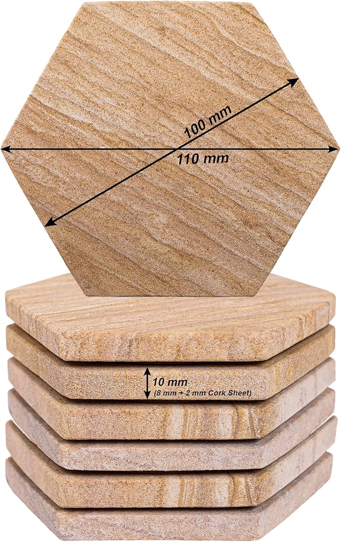Sandstone Water Absorbent Hand Crafted Hexagon Coasters for Drinks - 4 Inches Wide Thirsty Stone Bar/Drink Coasters- Made from Rainbow Sandstone (Set of 6 with Holder)
