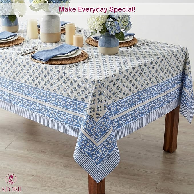 ATOSII Gulbahar Blue 100% Cotton Fall Rectangle Tablecloth, Hand Block Print Washable Table Cover, Christmas Parties Buffet Dining, Weddings, Thanksgiving Easter Home Decor, 60 X 90 Inches 6 Seater