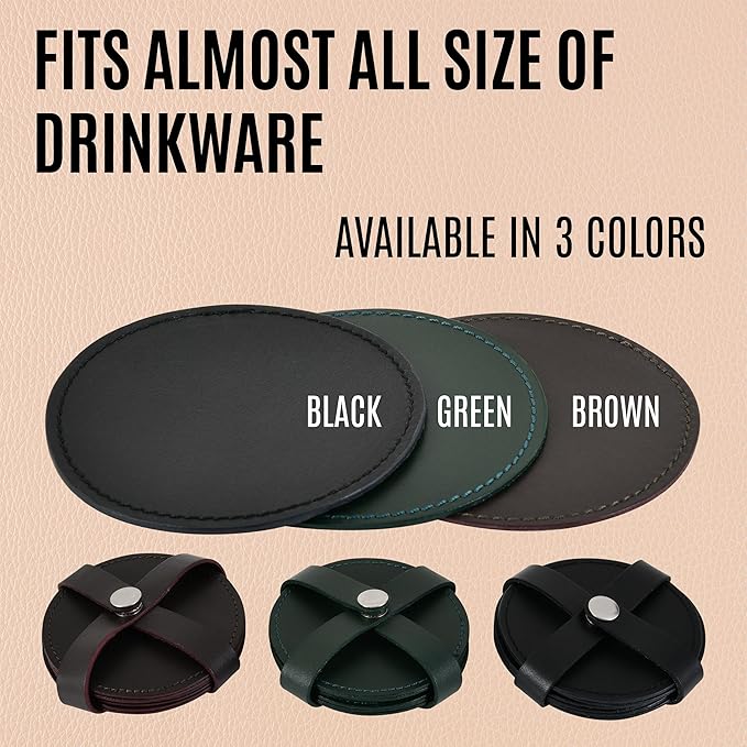 Genuine Leather, Premium Table Coasters by Leatherific, Round, 4 inch, Set of 6, with Holster, Handcrafted, Hand Made, Non Slip Drink Mats, Brown (Brunette Brown, 4")
