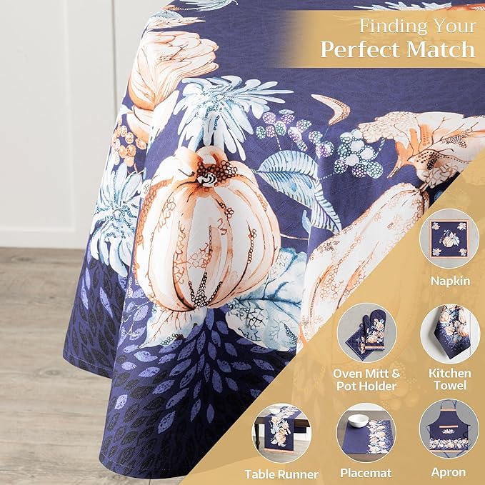 Maison d' Hermine Table Cloth Round Table 100% Cotton 69 Inches Fall Tablecloth Reusable Everyday Use for Thanksgiving Christmas Decorations Dining Farmhouse Party (Pumpkin Blues)
