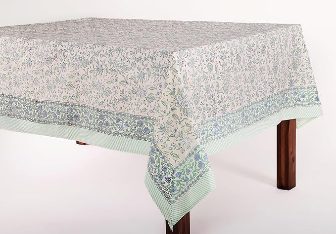 ATOSII Aster Blue 100% Cotton Rectangle Boho Fall Tablecloth, Handblock Floral Table Cloth Linen for Kitchen Dining I Parties Wedding Outdoors Christmas Thanksgiving I Fall Home Decor 60 X 108 Inches