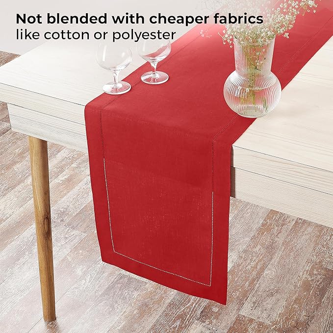 D'Moksha Homes Linen Bright Red Table Runner 36 Inches - 100% Pure Linen Small Table Runner 14 x 36 Inch Ideal for Dresser, Coffee Tables, Valentines, Spring, Easter - Classic Hemstitch