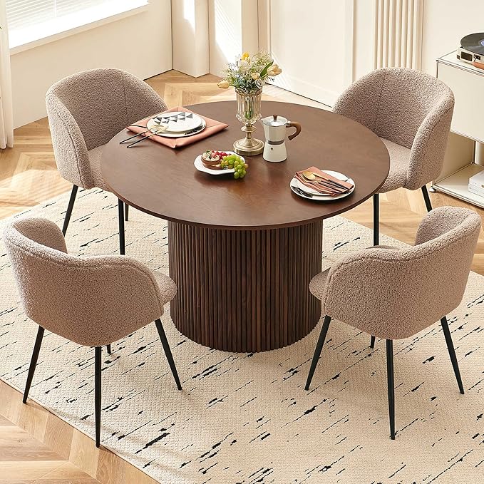 47" Round Dining Table for 4, Modern Farmhouse Wood Veneer Top with MDF Striped Base, Kitchen & Dining Room Tables - Walnut Color