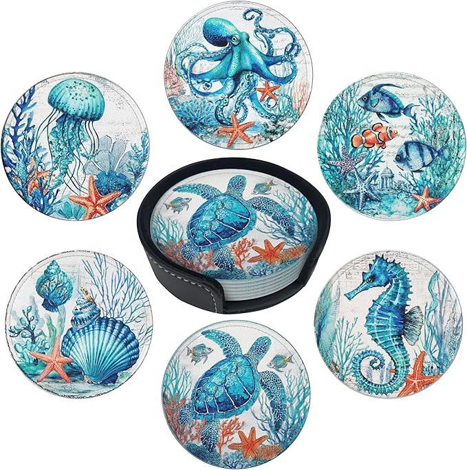 Sea Coasters Leather Round Drink Coasters 6 Pcs Set with Holderor for Cup Drink Coffee Table Bar Home Decor